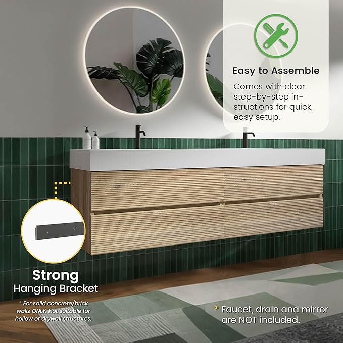 72" Floating Bathroom Vanity with Sink Combo, Modern Floating Double Sink Bathroom Vanity with Engineered Stone Tops & 4 Soft-Closing Drawers, Large Storage for Powder Room, Apartment, Rough Oak