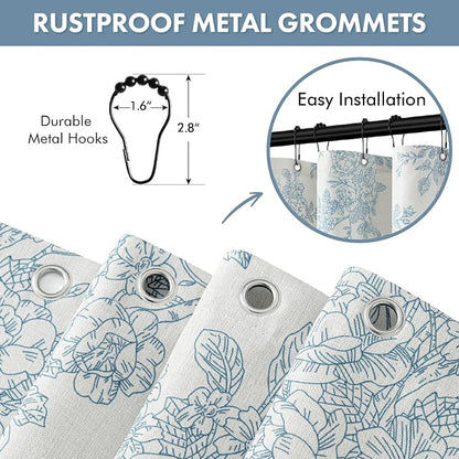 Extra Long Blue Floral Shower Curtain W72*L90 Inches Long | Linen Textured Fabric, 12 Rustproof Metal Hooks, Wrinkle Resistant Cloth, Machine Washable, Bathroom Decor for Cottage Core