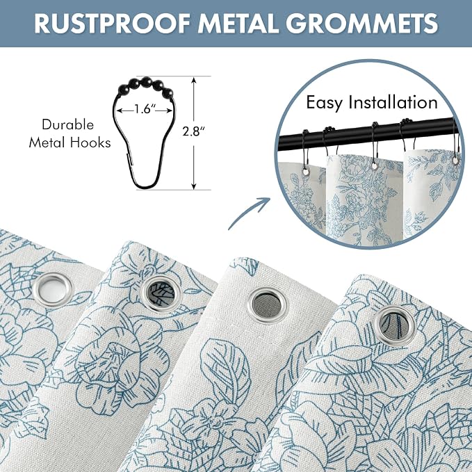 Extra Long Blue Floral Shower Curtain W72*L96 Inches Long | Linen Textured Fabric, 12 Rustproof Metal Hooks, Wrinkle Resistant Cloth, Machine Washable, Bathroom Decor for Cottage Core