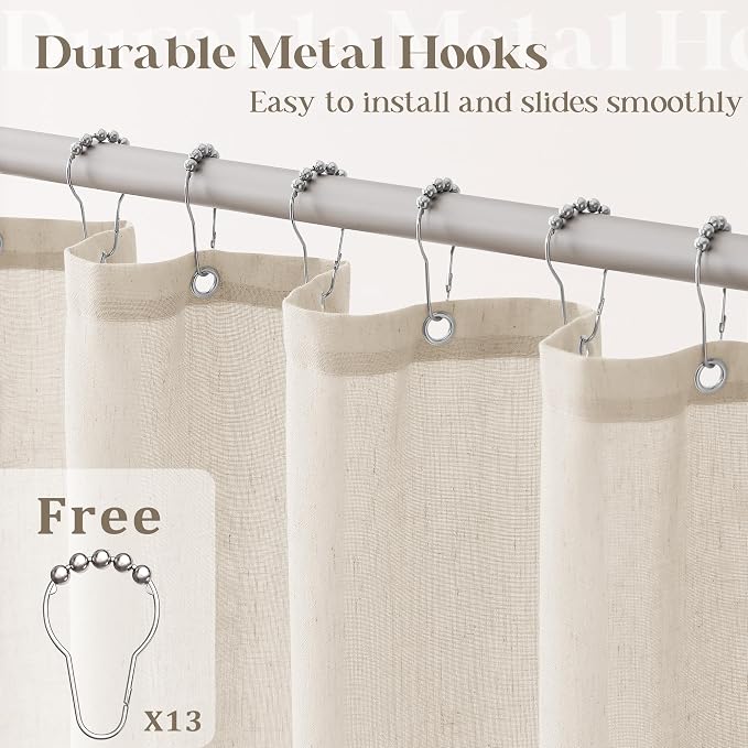 Beige Linen Shower Curtain for Bathroom Water Repellent 72x72 Inch | Neutral Shower Curtains Flax Textured Bath Decor Drapes Boho Farmhouse Rustic Shabby Chic Country Tan Beige with Hooks