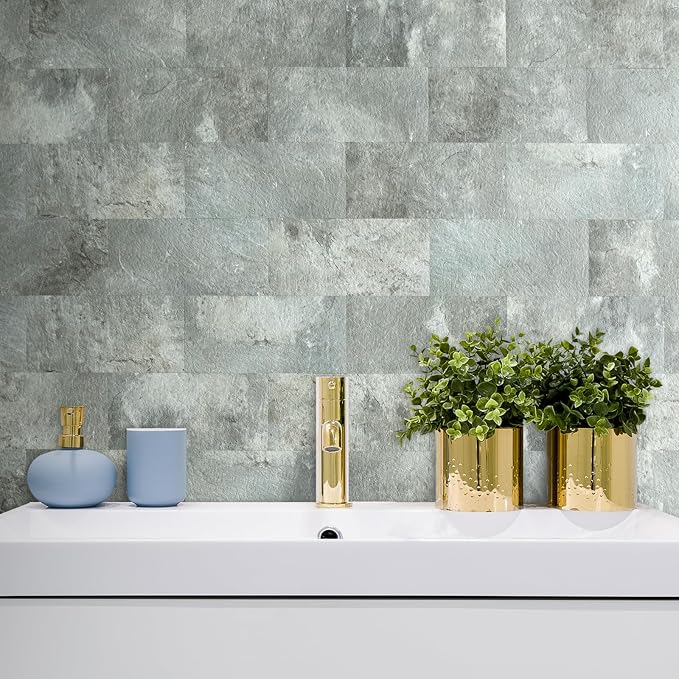 AULIGET 20-Piece Mountain Rock Peel and Stick Backsplash Wall Tiles, 6" x 12" PVC Faux Stone Stick on Tiles for Backsplash Kitchen, Bathroom, Laundry Room, Camper, Fireplace
