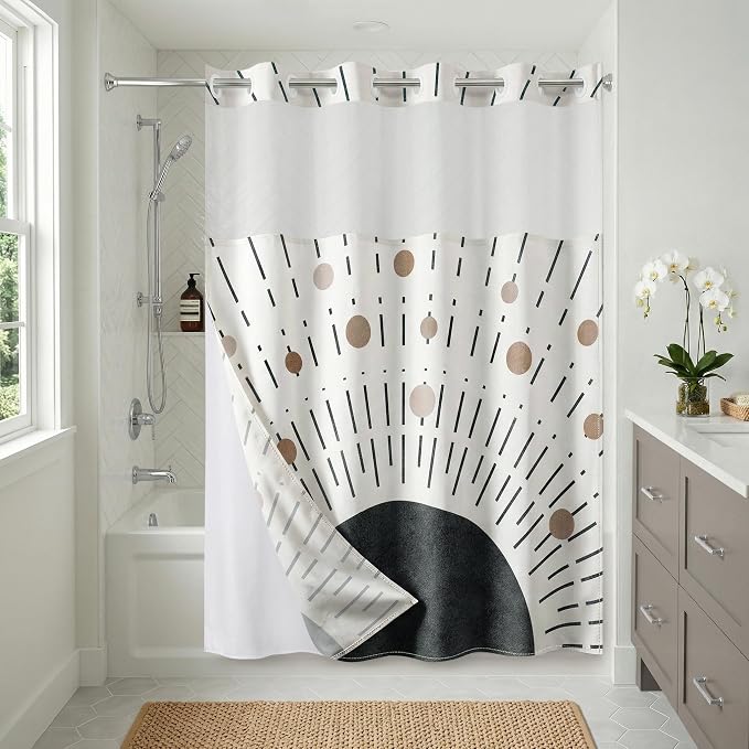 Americanflat 72x75 Hookless Shower Curtain - Water-Resistant Modern Boho Shower Curtain with Sheer Panel, Snap-in Liner, and Grommets - 100% Polyester - Black, Bronze, and White