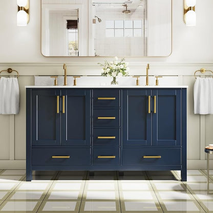 60-Inch Bathroom Vanity with Sink, Bathroom Freestanding Vanity W/ 4 Doors and 6 Drawers, Solid Wood Cabinet Vanity with Cultured Marble Countertop, Navy Blue Vanity& Brushed Gold Handles