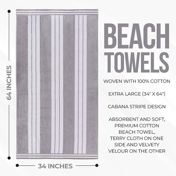 Superior Oversized Cotton Beach Towel Set of 6, Absorbent Towels for Bathroom, Beach, Pool, Swim, Adults, Kids, Vacation, Travel, Bath, Quick Dry Basics, Trip Essentials, Striped Decor, Light Grey
