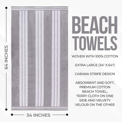 Superior Oversized Cotton Beach Towel Set of 6, Absorbent Towels for Bathroom, Beach, Pool, Swim, Adults, Kids, Vacation, Travel, Bath, Quick Dry Basics, Trip Essentials, Striped Decor, Light Grey
