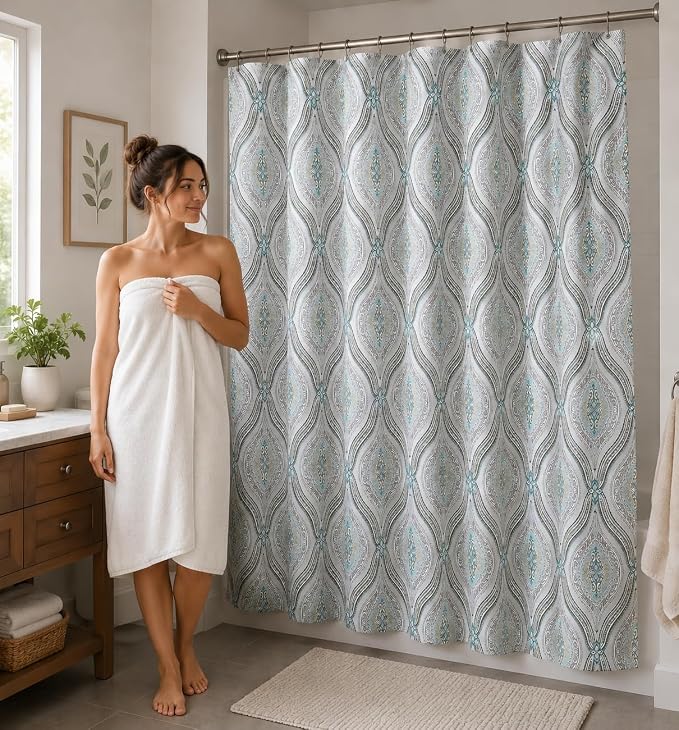 Beige Floral Damask Paisley Fabric Bathroom Shower Curtain, 70" x 72" | Elegant Modern Fabric with Hues of Beige Green Taupe, Luxury Hotel Rustic Boho Farmhouse Décor