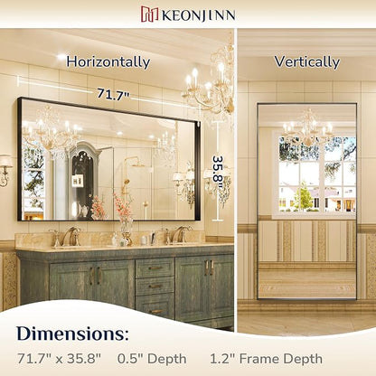 Keonjinn 72x36 Inch Black Bathroom Mirror for Over Sink, Rectangular | HD Tempered Glass, Vanity Mirror, Brushed Framed, Square Corner, Modern Farmhouse, Wall Mounted Mirrors, Aluminum Alloy