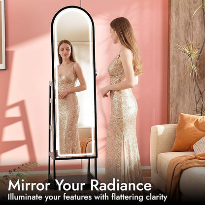 Zamilidon Full Length Mirror LED Lockable Black Standing Jewelry Armoire | Secure lock design, multi-layer jewelry compartment, soft dimmable lighting, space-saving floor layout
