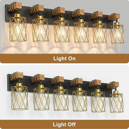 IZORRO Farmhouse Bathroom Vanity Light, 6-Light Wood Bathroom Light Fixtures Over Mirror, Black and Gold Industrial Vanity Lights with Metal Shade, Rustic Restroom Lighting Fixtures