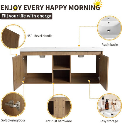 48 Inch Wall Mounted Bathroom Vanity with Double Sink | 48" Modern Floating Cabinet with Center Open Shelf & Soft-Close Doors, 2 Resin Basins, Imitative Oak