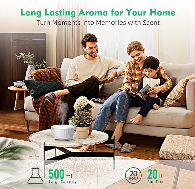 20-Hour Long-Lasting Aromatherapy, 500ML Essential Oil Diffuser | Ultrasonic Cool Mist Humidifier with Remote Control, 7 Color Lights, Timer, Auto-Off for Home/Bedroom/Yoga (Minimalist White)