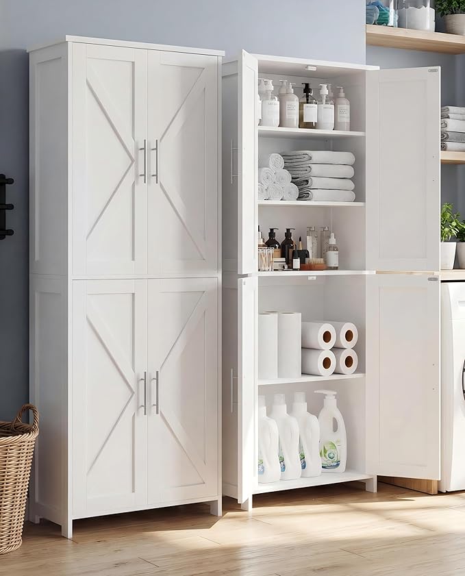Tall Bathroom Storage Cabinet, 11 x 22.8 x 63 Inches, Floor Cabinet with Barn Doors, Adjustable Shelf, Linen Pantry Cabinet for for Kitchen, Laundry Room, Living Room, Entryway, White