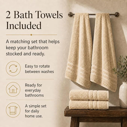 Velqora Bath Towels, 2 Pack, 30x60 in, 100% Cotton, Soft & Absorbent, Beige | Balanced Weight | Everyday Comfort | Easy Care