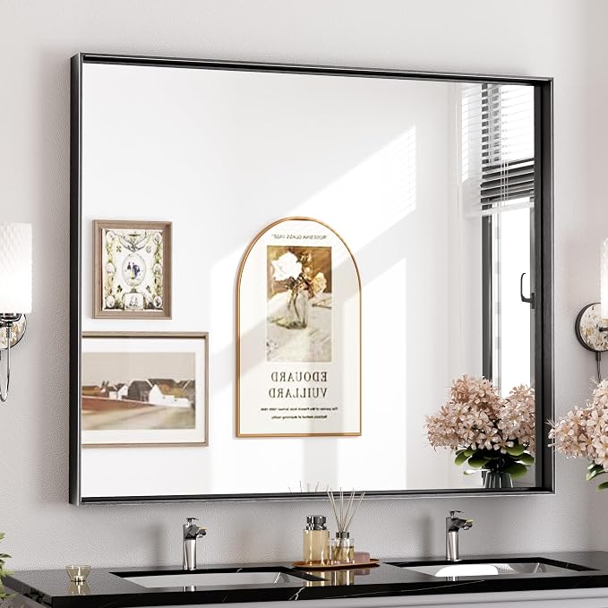 Keonjinn 42x36 Inch Matte Black Bathroom Mirror for Over Sink, Rectangular | HD Tempered Glass, Vanity Mirror, Brushed Framed, Square Corner, Modern Farmhouse, Wall Mounted Mirrors, Aluminum Alloy