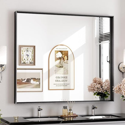 Keonjinn 42x36 Inch Matte Black Bathroom Mirror for Over Sink, Rectangular | HD Tempered Glass, Vanity Mirror, Brushed Framed, Square Corner, Modern Farmhouse, Wall Mounted Mirrors, Aluminum Alloy