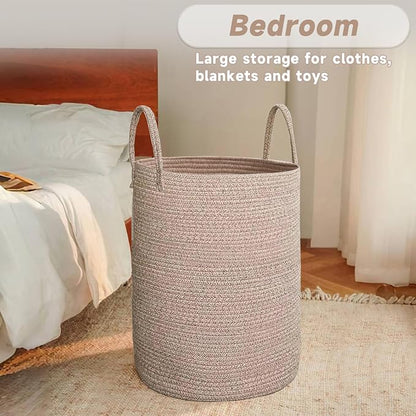 JMvicyroam 80L Cotton Rope Laundry Basket Hamper, Oatmeal | Collapsible laundry basket, reinforced handles, freestanding, machine washable, holds 3-5 thick blankets, clothes or toys