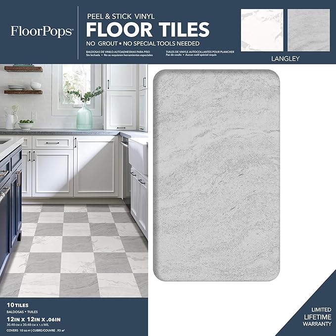 FloorPops 12-in by 12-in Langley Grey Peel and Stick Floor Tiles, FP5062