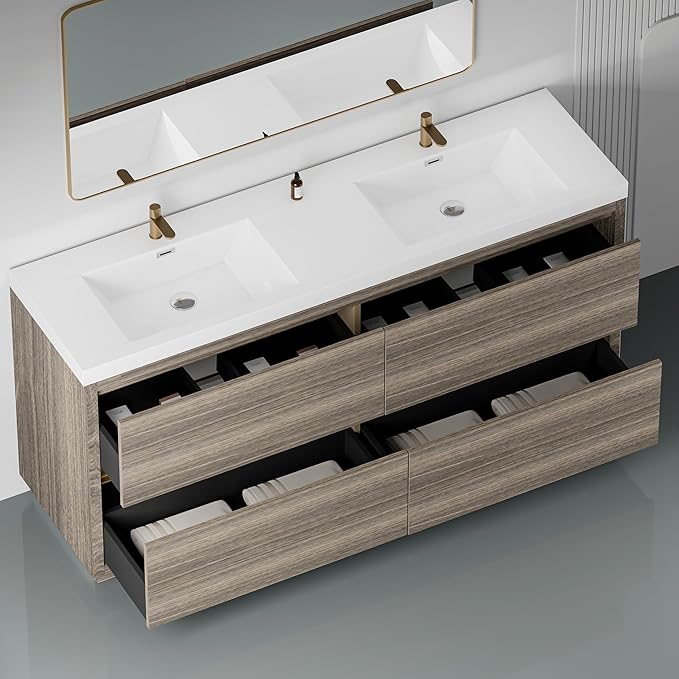 72 Inch Bathroom Vanity with Sink, Double Sink Bathroom Vanity, Freestanding Vanity Bathroom Soft Closed 4 Drawers, Integrated Sink (Ash Grey)