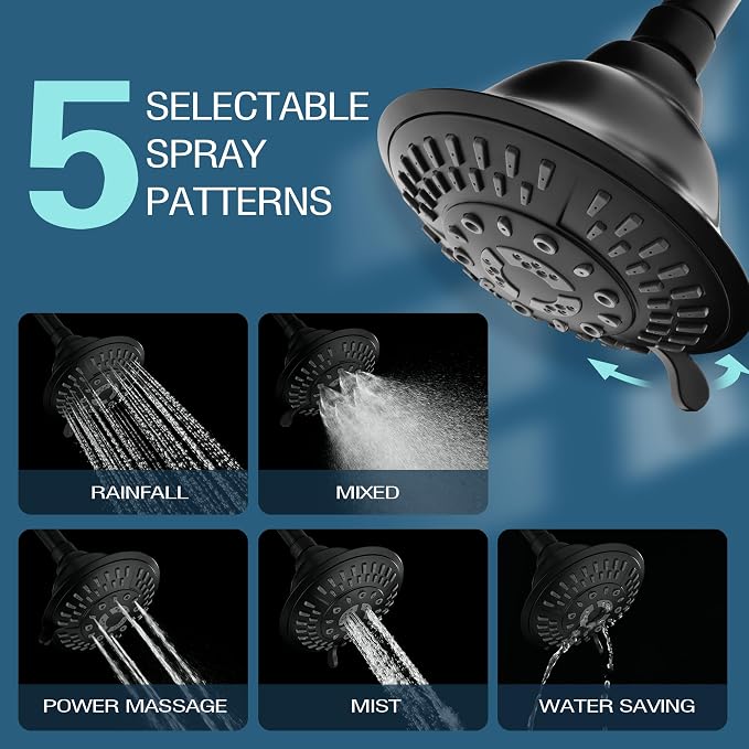 BRIGHT SHOWERS High Pressure Rain Shower Head, Fixed Shower Head with 5 Spray Settings, Adjustable Angle and Anti-Clog Nozzles, Matte Black