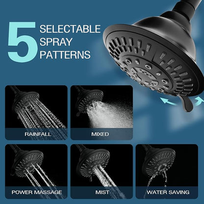 BRIGHT SHOWERS High Pressure Rain Shower Head, Fixed Shower Head with 5 Spray Settings, Adjustable Angle and Anti-Clog Nozzles, Matte Black