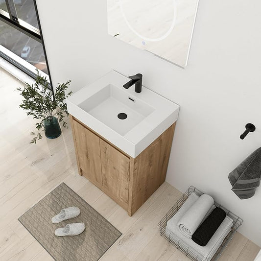 24'' Freestanding Bathroom Vanity, 24 Inch Floor Stand Bathroom Vanity with Sink, Single Resin Sink Cabinet Set, Modern Storage Cabinet, with Soft Closing Door, 03624IMO+24120MMO