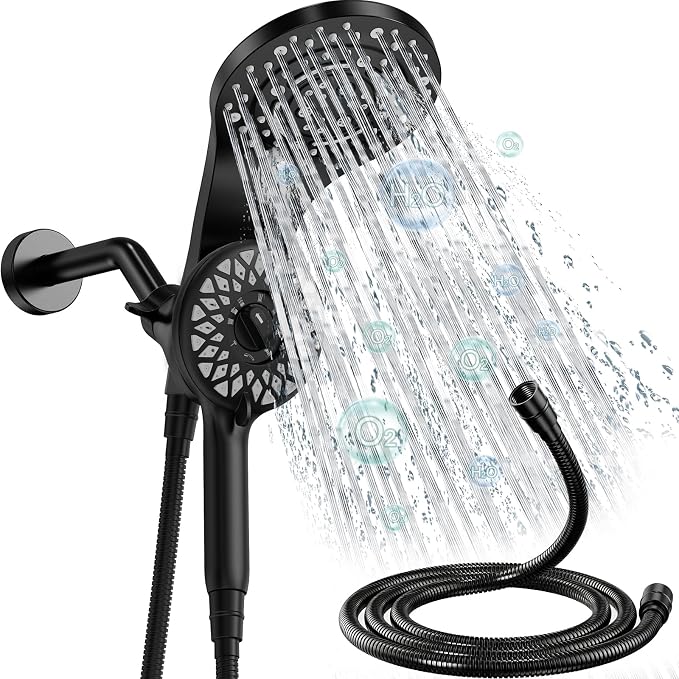 Dual Shower Heads with Handheld Spray Combo, High Pressure 2 in 1 Rainfall Shower Heads with 9 Spray Modes, Magnetic Double Showerhead-Black