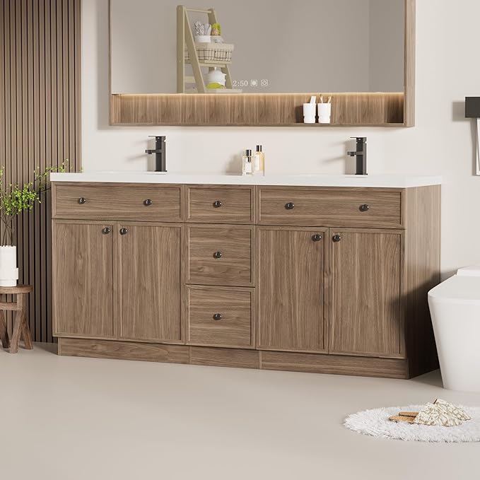 LUCKWIND 72" Bathroom Vanity Sink Combo, Modern Bathroom Cabinet with Double Undermount Solid Surface Vanity Sink, Soft-Close Hinges & Water-Saving Faucet, Taupe