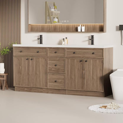 LUCKWIND 72" Bathroom Vanity Sink Combo, Modern Bathroom Cabinet with Double Undermount Solid Surface Vanity Sink, Soft-Close Hinges & Water-Saving Faucet, Taupe