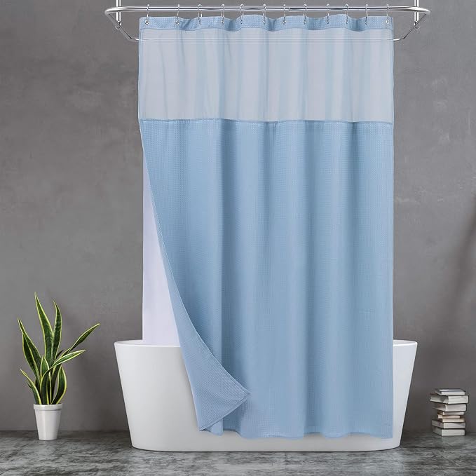 N&Y HOME Extra Long Waffle Shower Curtain with Snap-in Liner Blue, 71x84 | 12 Hooks & Snap on Fabric Liner, Washable, Mesh Window, Hotel Style, 84 inches Length Blue Shower Curtain Set for Bathroom
