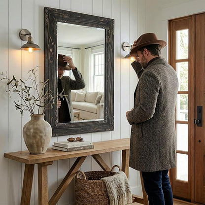 Rustic Black 24x36 Inch Wood Bathroom Vanity Mirror, Rivets | Industrial farmhouse, beveled glass edge, deep charcoal grain, single-sink bathrooms, hallways and entry consoles