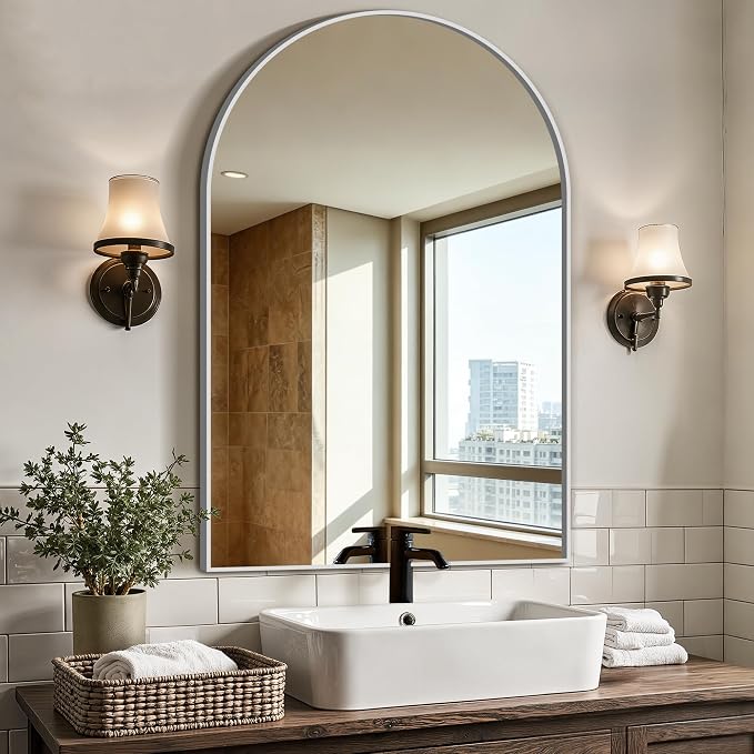 Arched Bathroom Vanity Mirror for Over Sink, 32”x30”, Silver | HD Tempered Glass, Anti-Rust Metal Frame, Hanging or Leaning, Wall Mirrors for Bathroom Sink, Bedroom, Living Room, Entryway