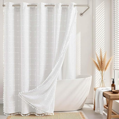 RiverDream Farmhouse No Hooks Shower Curtain with Snap-in Liner,White,71x74 | Snap on Fabric Liner,Heavy Duty,Quick Dry,Mesh Top Window,With Bottom Magnets,Washable,with Tassels,Standard Size