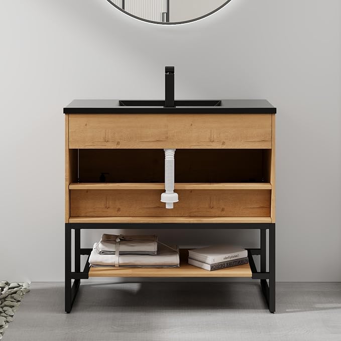 LUCKWIND 36" Modern Bathroom Vanity with Single Black Sink Combo, Freestanding Storage Cabinet with Metal Frame, Matte Black Faucet and Open Shelf and 2 Soft-Closing Door, Natural