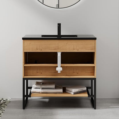LUCKWIND 36" Modern Bathroom Vanity with Single Black Sink Combo, Freestanding Storage Cabinet with Metal Frame, Matte Black Faucet and Open Shelf and 2 Soft-Closing Door, Natural