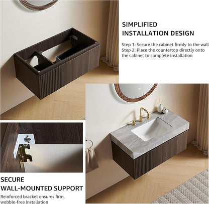 30” Floating Bathroom Vanity with Sink, Wall-Mounted Cabinet with Drawer & Doors, Gray Travertine-Pattern Sintered Stone Top, Undermount Basin, 3 Faucet Hole, Soft-Close, Pre-Assembled, Dark Oak