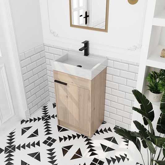 18'' Freestanding Bathroom Vanity with Sink, 18 Inch Floor Mount Single Sink Bathroom Vanities Set, Modern Bathroom Cabinet, with Soft Closing Door, Imitative Oak