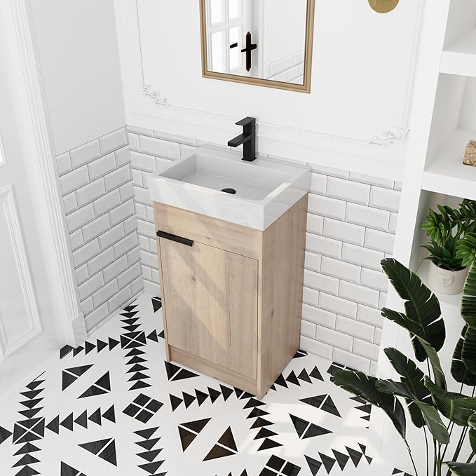 18'' Freestanding Bathroom Vanity with Sink, 18 Inch Floor Mount Single Sink Bathroom Vanities Set, Modern Bathroom Cabinet, with Soft Closing Door, Imitative Oak