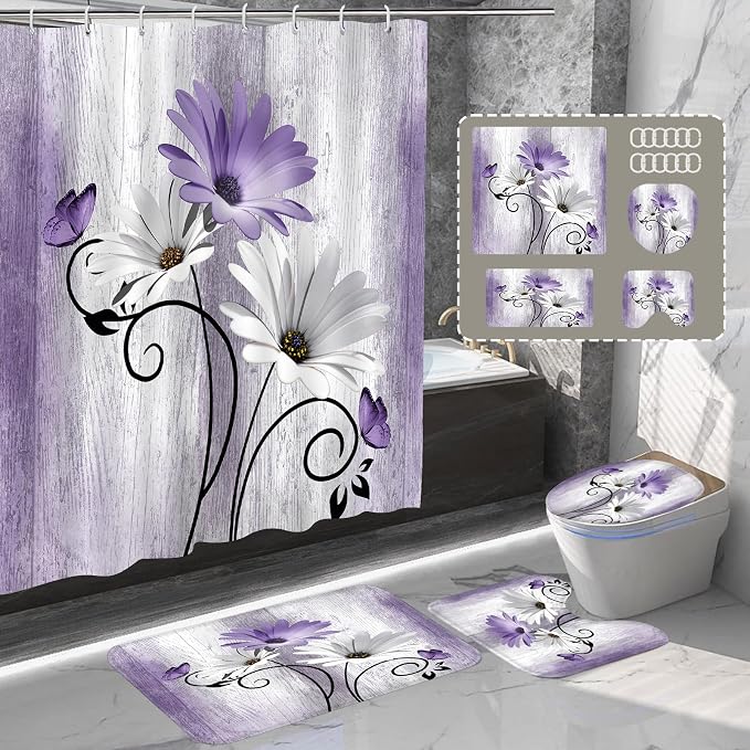 Onalasyc 4PCS Purple Daisy Bathroom Sets with Shower Curtain and Rugs | Country Floral Butterfly Shower Curtain Set,Modern Bathroom Decor Shower Curtains Set with Rugs Toilet Lid Cover and 12 Hooks