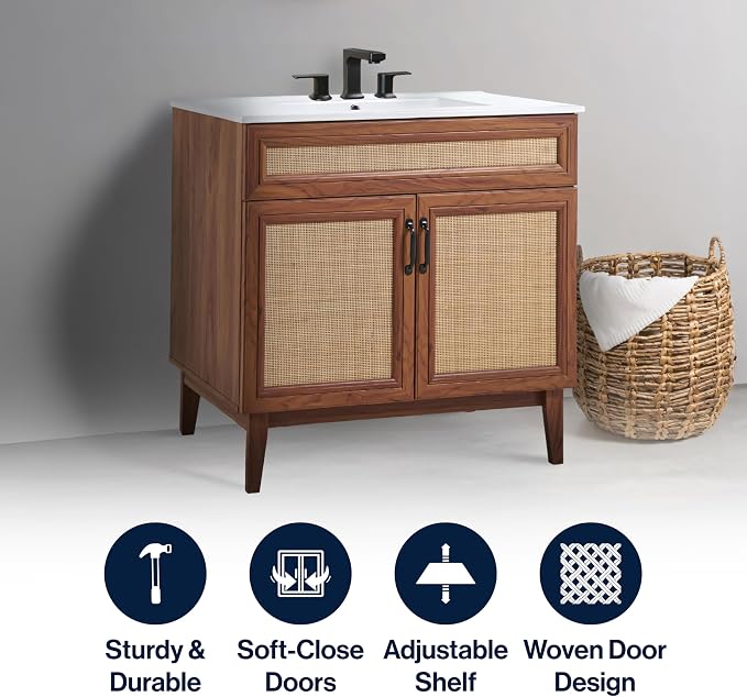JONATHAN Y Javer Bohemian Rattan Freestanding Bath Vanity, 36", Walnut | 18" Deep, 33" High, 2 Soft-Close Doors, Caned Paneling, 2-Shelf Storage, Basin Not Included, Modern Farmhouse Style