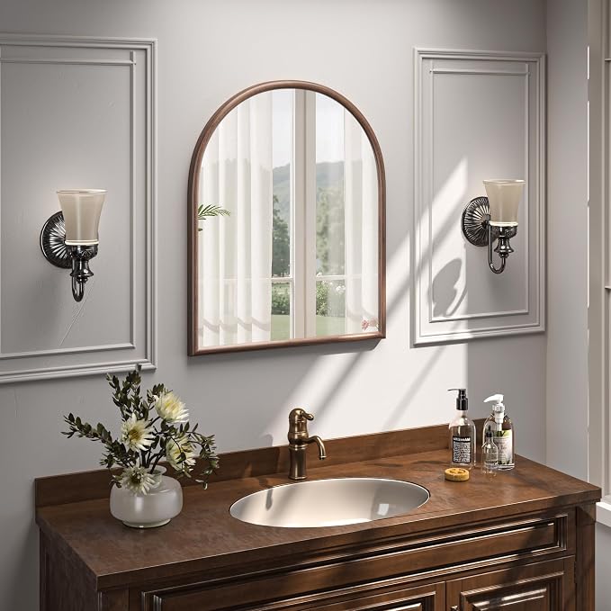 28"x32" Arch Wall Mirror for Wall, Wall Mounted Vanity Mirror for Bedroom, Wood Grain Finish Frame Mirror with Tempered Glass, Vintage Decorative for Bathroom, Entryway, Living Room, Walnut