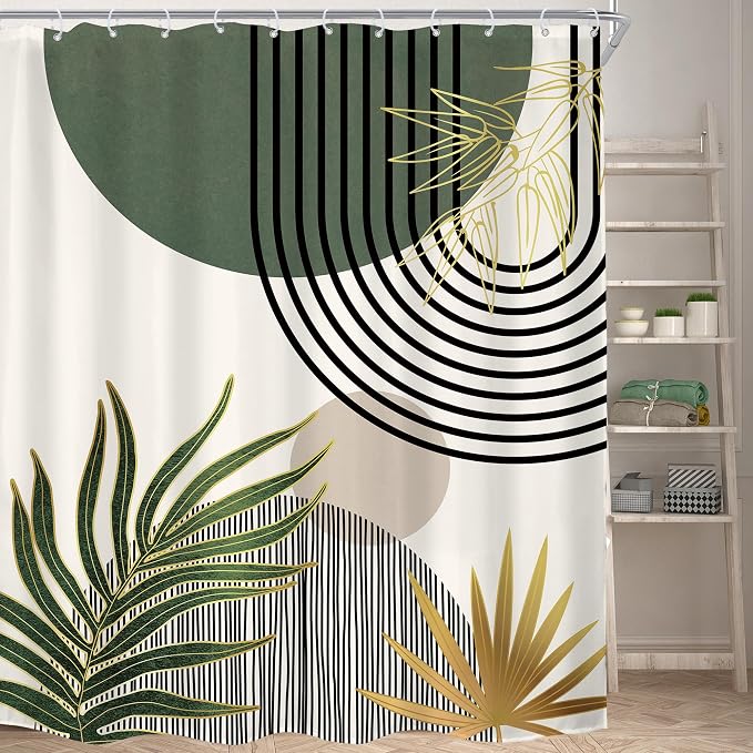 KOMLLEX Mid Century Green Boho Abstract Modern Bathroom Shower Curtain Set | 72Wx84L Gold Plant design, waterproof HD print with fast-drying fabric and 12 hooks.