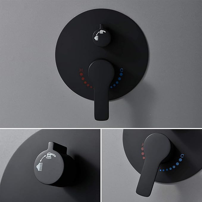 Matte Black Shower Faucet Set, Rain Shower System Contain 10 Inches Rain Shower Head with Handheld, Bathroom Wall Mounted Rainfall Shower Fixture Set(Round Black Shower + Rough Valve)