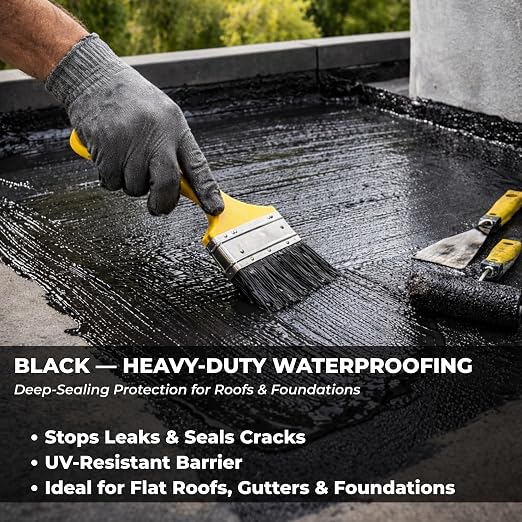 Black Liquid Rubber Waterproof Coating, 1 Quart | Industrial Grade Foundation & Flat Roof Sealant | Waterproofing Membrane for Concrete, Wood & Metal | UV Resistant | Leak Repair Paint