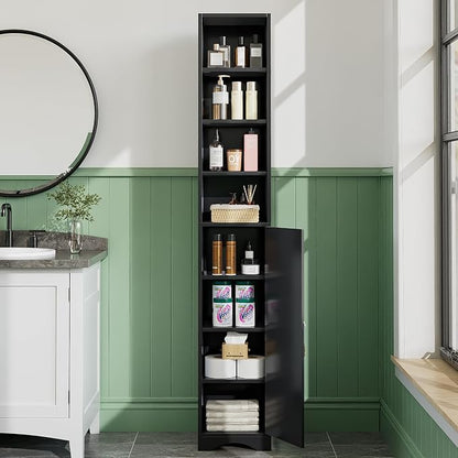 VECELO 71" Tall Narrow Storage Cabinet, Bathroom Storage Slim Freestanding Cabinet with Door & 6 Adjustable Shelves, Anti-Tip Design for Small Space, Kitchen, Living Room, Black