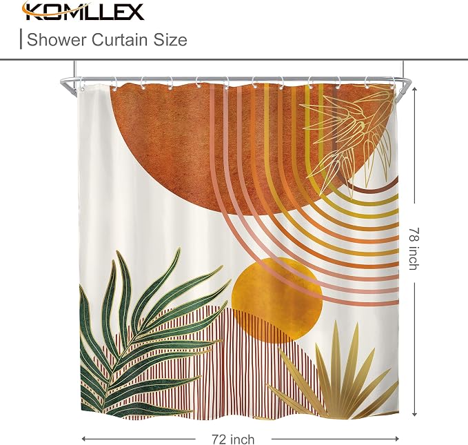 Mid Century Orange Boho Abstract Retro Gold Bathroom Shower Curtain Set | 72Wx78H Contemporary Arch design, waterproof HD print with fast-drying fabric and 12 hooks.