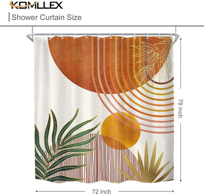 Mid Century Orange Boho Abstract Retro Gold Bathroom Shower Curtain Set | 72Wx78H Contemporary Arch design, waterproof HD print with fast-drying fabric and 12 hooks.