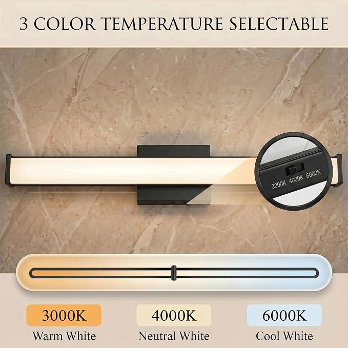 URSOLA 24" Modern LED Bathroom Light Fixtures, Matte Black 3CCT Dimmable Bathroom Vanity Light Over Mirror, Bathroom Vanity Bath Bar Lights with Double Layer Acrylic Shade