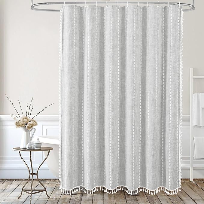 Farmhouse Tassel Linen Shower Curtain,3D Embroidery Stripe Light Grey,72x84 | Extra Long,310GSM Boho Texture Heavy Duty Cloth,Water Repellent,Wrinkle Resistant,Vintage Farmhouse Rustic,12 Plastic Hooks