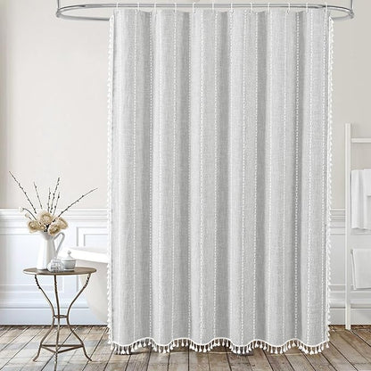 Farmhouse Tassel Linen Shower Curtain,3D Embroidery Stripe Light Grey,36x72 | Small Stall Half Size,310GSM Boho Linen Texture Heavy Duty Cloth,Water Repellent,Wrinkle Resistant,Vintage Farmhouse Rustic