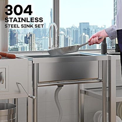 Stainless Steel Utility Sink, 28" Single Bowl Commercial Sink | Free Standing Utility Sink with Cold and Hot Water Pipe, for Kitchen, Laundry